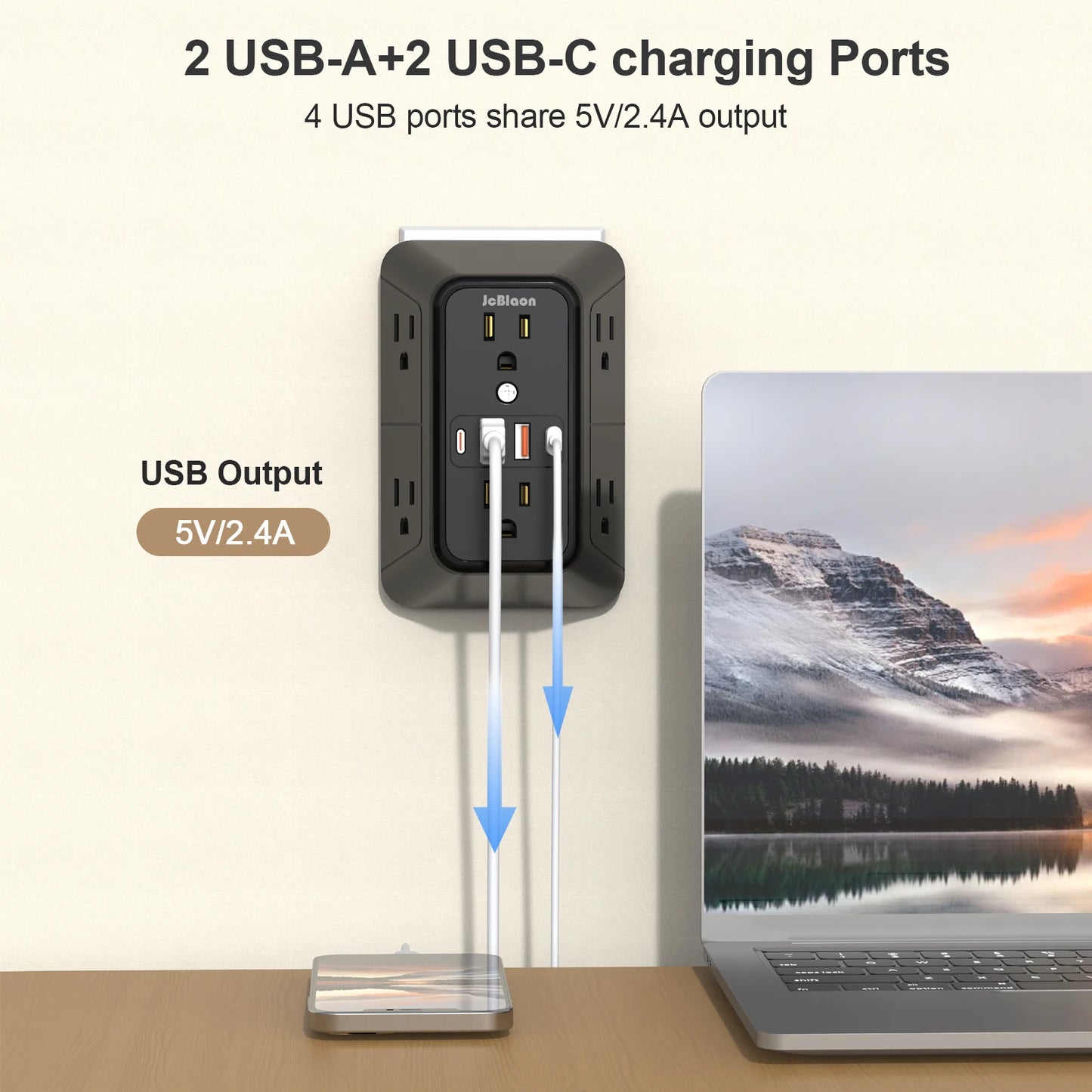 JcBlaon Surge Protector Outlet with 6 AC Outlet & USB Ports, Multiple-Plug Outlet Splitter for Home Travel Office