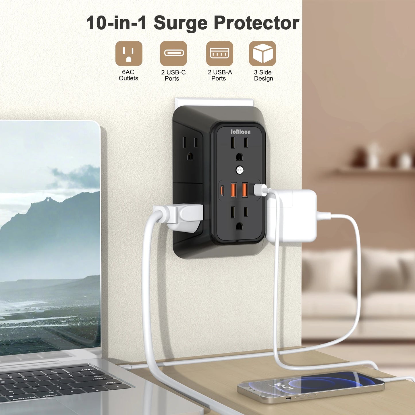 JcBlaon Surge Protector Outlet with 6 AC Outlet & USB Ports, Multiple-Plug Outlet Splitter for Home Travel Office